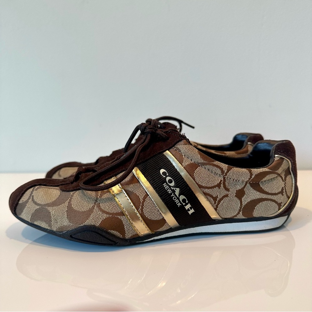 LIKE NEW Coach Women's Brown and Gold suede signature logo sneakers, Size 8 - Picture 2 of 12